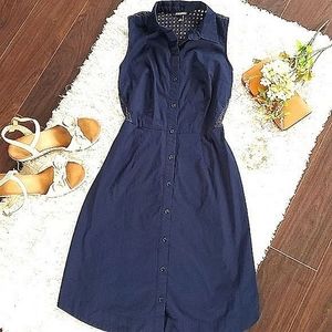 Roz & Ali Women’s Shirt Dress Size 6 Midi Navy Blue Button Down Collar Eyelet